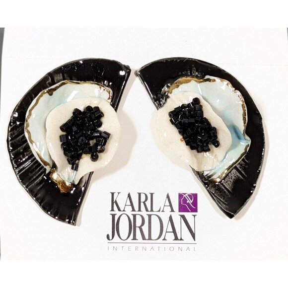 Vintage Karla Jordan Black White Blue Crescent Porcelain 3D Pierced Earrings - Picture 1 of 8